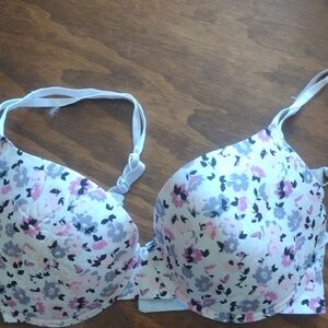 Floral Print T-Shirt Bra - Pink & Gray